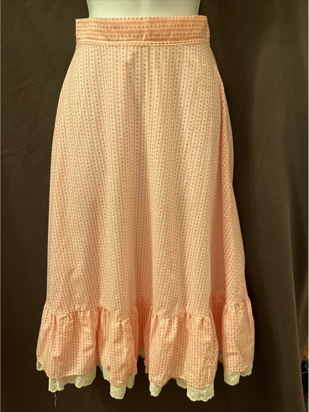 VTG 70s Handmade Pink Heart Print Cotton Ruffle Gunne Prairie Cottage Skirt S